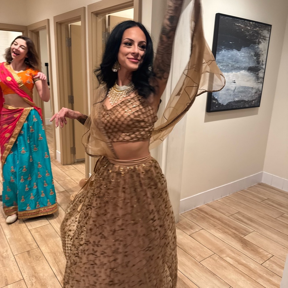 Rose Gold Embroidered Women’s Lehenga with Sheer Dupatta